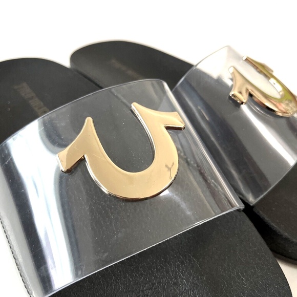 NWOB True Religion Elle Clear Slide Sandals Black Gold Logo - Picture 3 of 8
